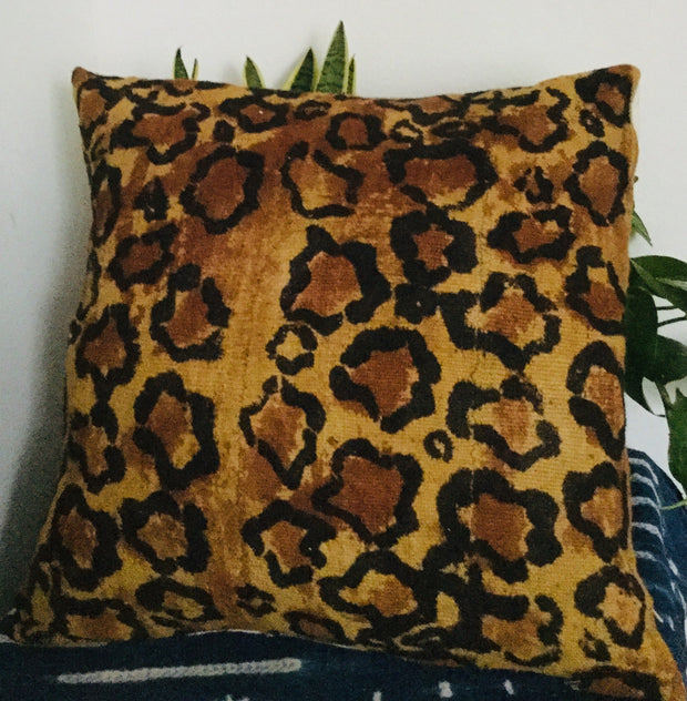 Brown Cheetah Print on Mustard  Mudcloth Pillow Case.