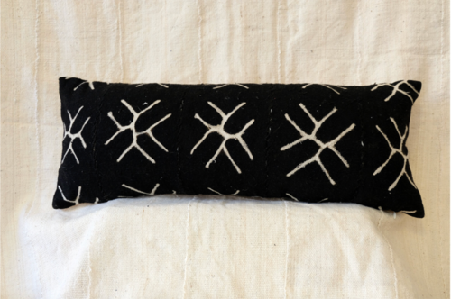 Snowflakes on Black Bogolan Mudcloth Lumbar Pillow.