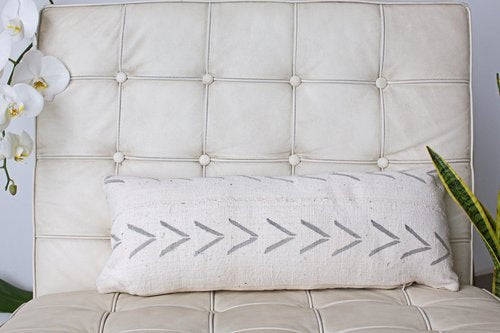 Grey Shevrons on White Lumbar Mali Mudcloth Pillow.